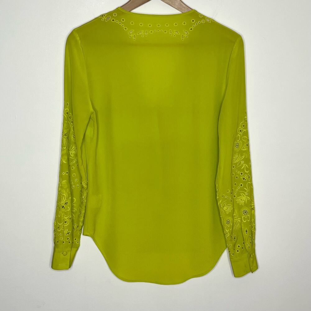 Veronica Beard Womens Long Sleeve Silk Blouse 0 Green Floral Embroidered V Neck - Picture 9 of 16